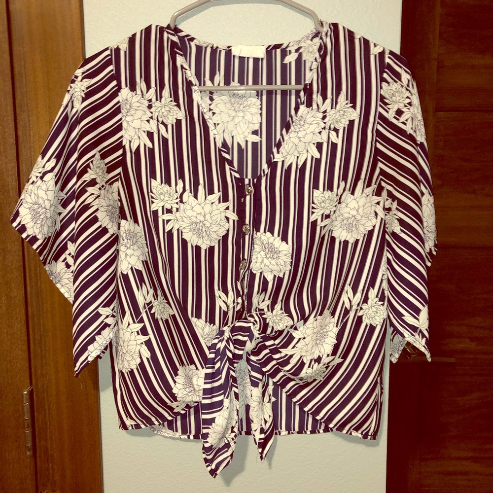 Striped floral button down tie-front shirt